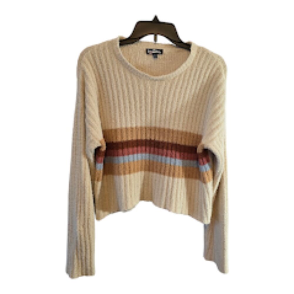 FRESHMAN CHEVRON KNIT SWEATER SIZE MEDIUM CREAM BROWN ORANGE STRIPES CROPPED